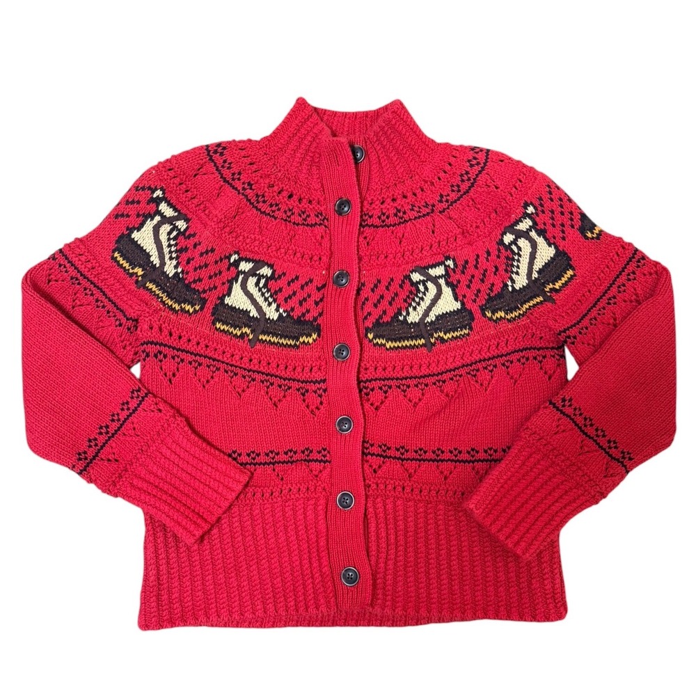 LL Bean Signature Red Cotton Bean Boot Cardigan Sweater Small
